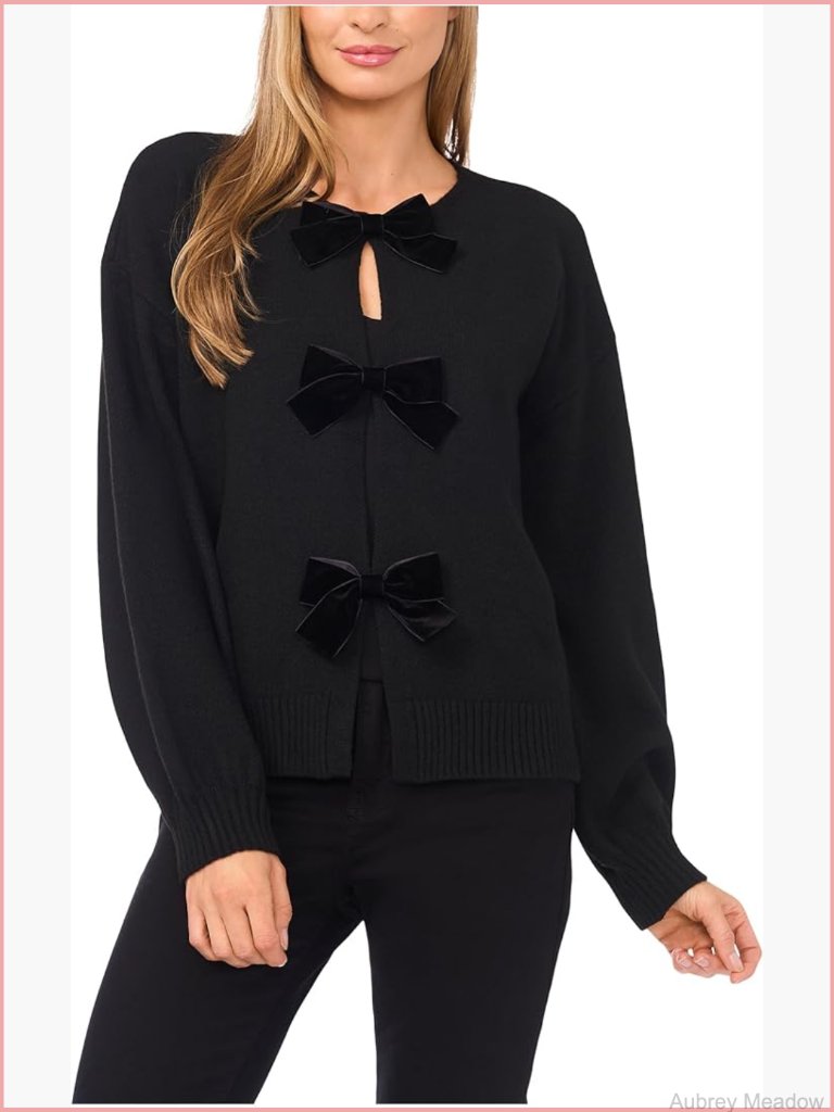 Velvet Bow Front Cardigan - Classic Fit, Long Sleeve